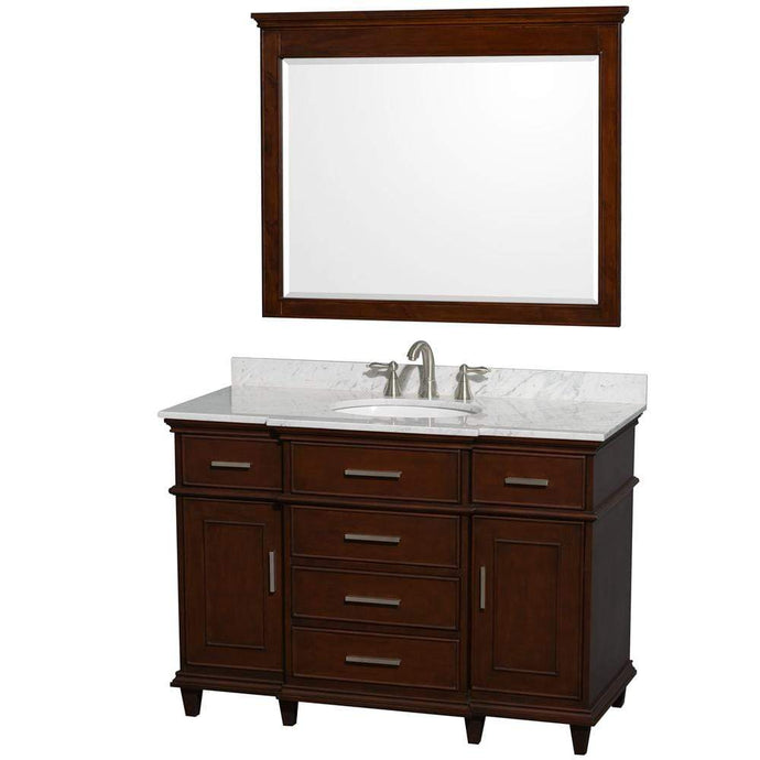 Wyndham Collection Vanity Wyndham Collection WCV171748SCDCMUNRM44 Berkeley 48 Inch Single Bathroom Vanity in Dark Chestnut with White Carrara Marble Top with White Undermount Oval Sink and 44 Inch Mirror