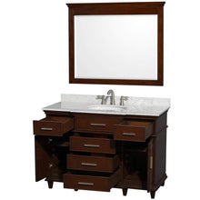 Load image into Gallery viewer, Wyndham Collection Vanity Wyndham Collection WCV171748SCDCMUNRM44 Berkeley 48 Inch Single Bathroom Vanity in Dark Chestnut with White Carrara Marble Top with White Undermount Oval Sink and 44 Inch Mirror