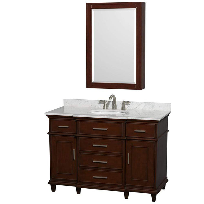 Wyndham Collection Vanity Wyndham Collection WCV171748SCDCMUNRMED Berkeley 48 Inch Single Bathroom Vanity in Dark Chestnut, White Carrara Marble Countertop, Undermount Round Sink, 24 Inch Medicine Cabinet