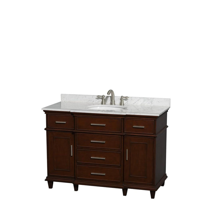 Wyndham Collection Vanity Wyndham Collection WCV171748SCDCMUNRMXX Berkeley 48 Inch Single Bathroom Vanity in Dark Chestnut with White Carrara Marble Top with White Undermount Oval Sink and No Mirror