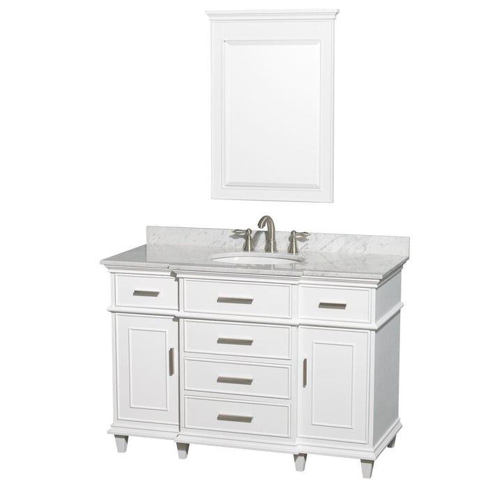 Wyndham Collection Vanity Wyndham Collection WCV171748SWHCMUNRM24 Berkeley 48 Inch Single Bathroom Vanity in White with White Carrara Marble Top with White Undermount Oval Sink and 24 Inch Mirror