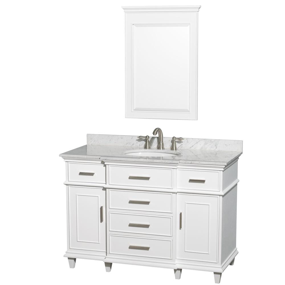 Wyndham Collection Vanity Wyndham Collection WCV171748SWHCMUNRM24 Berkeley 48 Inch Single Bathroom Vanity in White with White Carrara Marble Top with White Undermount Oval Sink and 24 Inch Mirror