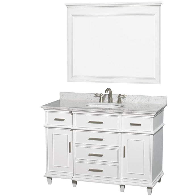 Wyndham Collection Vanity Wyndham Collection WCV171748SWHCMUNRM44 Berkeley 48 Inch Single Bathroom Vanity in White with White Carrara Marble Top with White Undermount Oval Sink and 44 Inch Mirror