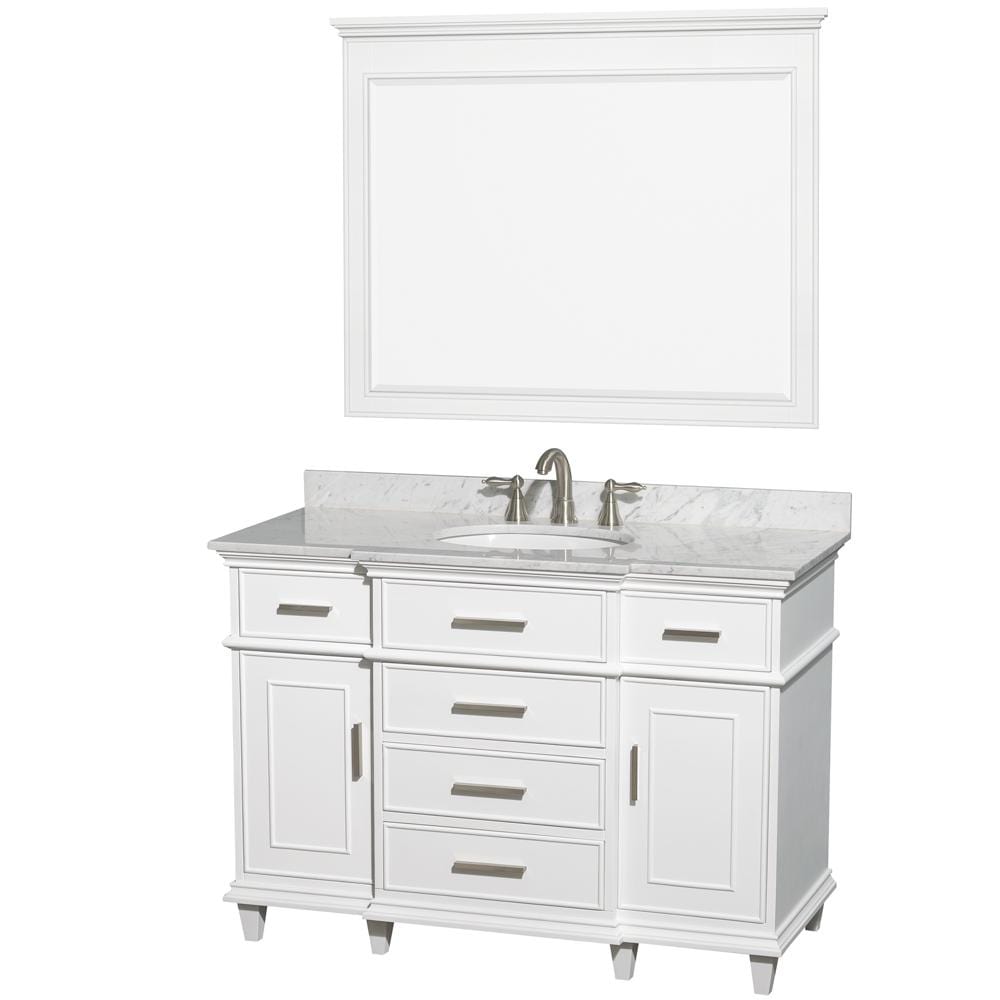 Wyndham Collection Vanity Wyndham Collection WCV171748SWHCMUNRM44 Berkeley 48 Inch Single Bathroom Vanity in White with White Carrara Marble Top with White Undermount Oval Sink and 44 Inch Mirror