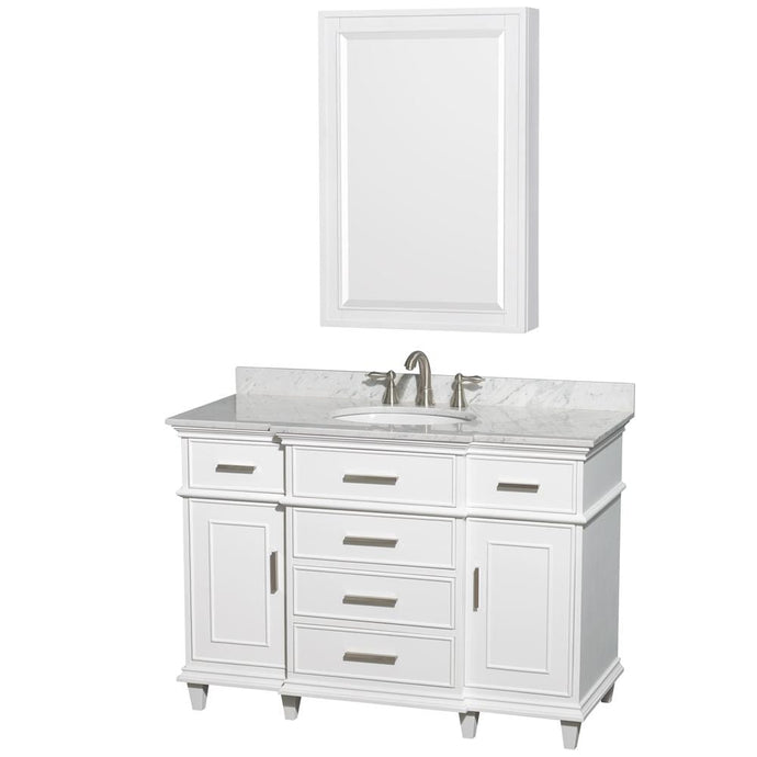 Wyndham Collection Vanity Wyndham Collection WCV171748SWHCMUNRMED Berkeley 48 Inch Single Bathroom Vanity in White, White Carrara Marble Countertop, Undermount Round Sink, 24 Inch Medicine Cabinet