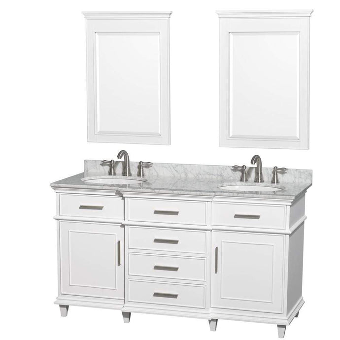 Wyndham Collection Vanity Wyndham Collection WCV171760DWHCMUNRM24 Berkeley 60 Inch Double Bathroom Vanity in White with White Carrara Marble Top with White Undermount Oval Sinks and 24 Inch Mirrors
