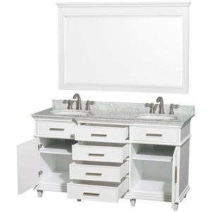 Wyndham Collection Vanity Wyndham Collection WCV171760DWHCMUNRM56 Berkeley 60 Inch Double Bathroom Vanity in White with White Carrara Marble Top with White Undermount Oval Sinks and 56 Inch Mirror