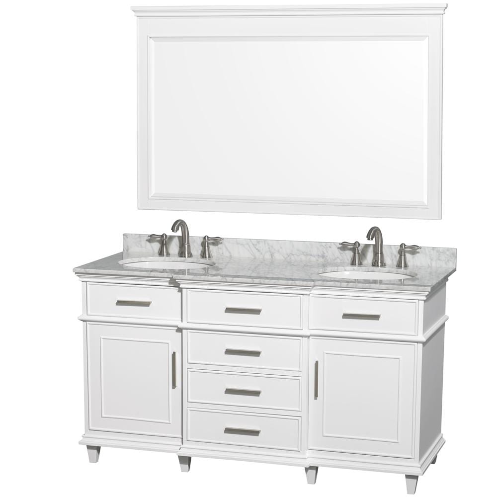 Wyndham Collection Vanity Wyndham Collection WCV171760DWHCMUNRM56 Berkeley 60 Inch Double Bathroom Vanity in White with White Carrara Marble Top with White Undermount Oval Sinks and 56 Inch Mirror