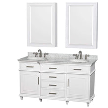 Load image into Gallery viewer, Wyndham Collection Vanity Wyndham Collection WCV171760DWHCMUNRMED Berkeley 60 Inch Double Bathroom Vanity in White, White Carrara Marble Countertop, Undermount Round Sinks, 24 Inch Medicine Cabinets