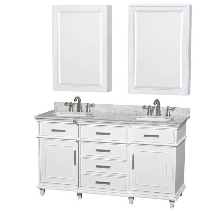 Wyndham Collection Vanity Wyndham Collection WCV171760DWHCMUNRMED Berkeley 60 Inch Double Bathroom Vanity in White, White Carrara Marble Countertop, Undermount Round Sinks, 24 Inch Medicine Cabinets