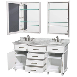 Wyndham Collection Vanity Wyndham Collection WCV171760DWHCMUNRMED Berkeley 60 Inch Double Bathroom Vanity in White, White Carrara Marble Countertop, Undermount Round Sinks, 24 Inch Medicine Cabinets