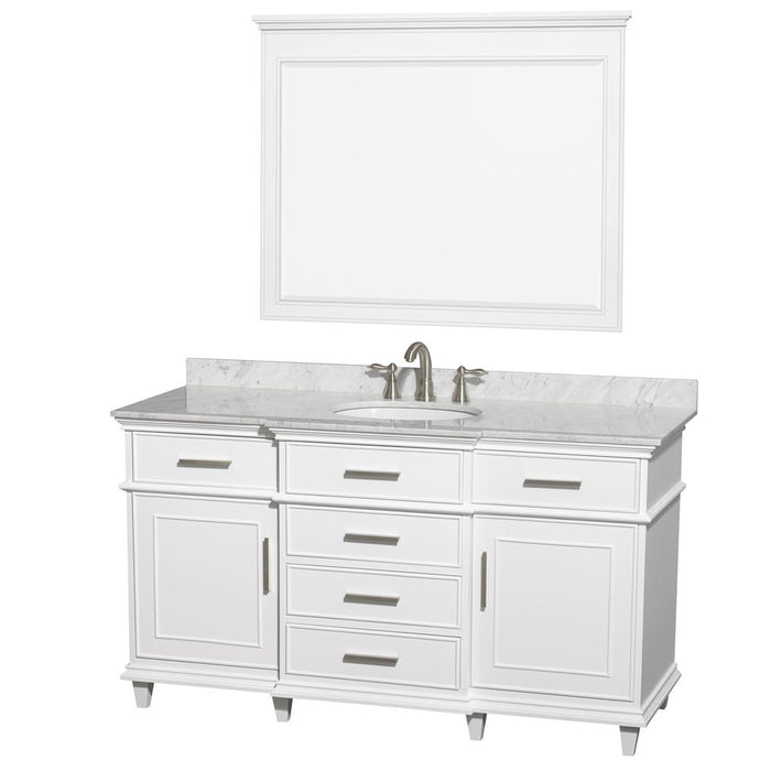 Wyndham Collection Vanity Wyndham Collection WCV171760SWHCMUNRM44 Berkeley 60 Inch Single Bathroom Vanity in White with White Carrara Marble Top with White Undermount Oval Sink and 44 Inch Mirror