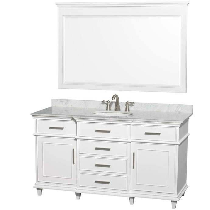 Wyndham Collection Vanity Wyndham Collection WCV171760SWHCMUNRM56 Berkeley 60 Inch Single Bathroom Vanity in White with White Carrara Marble Top with White Undermount Oval Sink and 56 Inch Mirror
