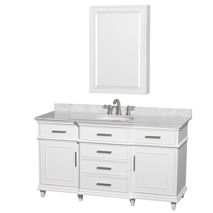 Wyndham Collection Vanity Wyndham Collection WCV171760SWHCMUNRMED Berkeley 60 Inch Single Bathroom Vanity in White, White Carrara Marble Countertop, Undermount Round Sink, 24 Inch Medicine Cabinet