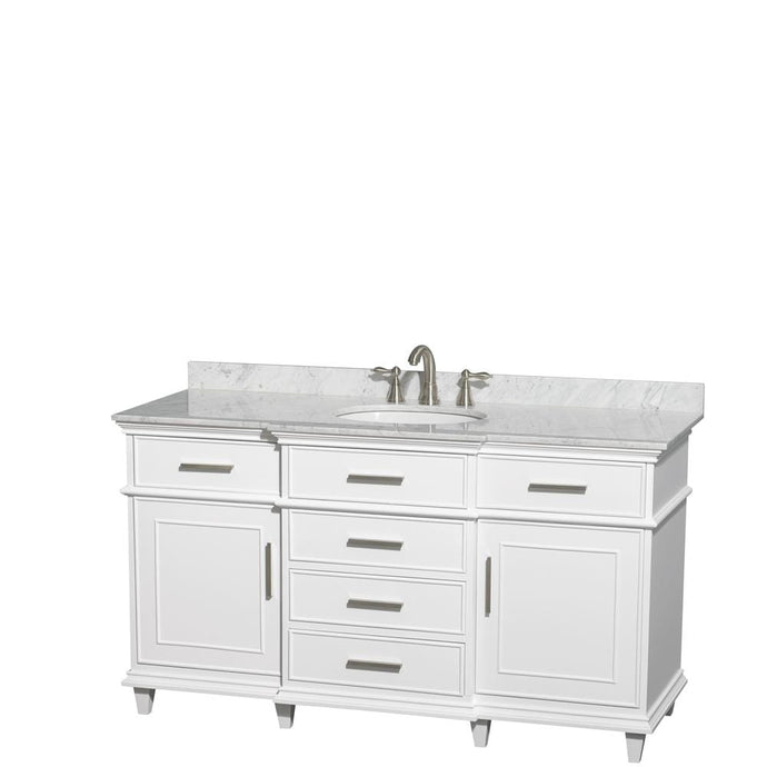 Wyndham Collection Vanity Wyndham Collection WCV171760SWHCMUNRMXX Berkeley 60 Inch Single Bathroom Vanity in White with White Carrara Marble Top with White Undermount Oval Sink and No Mirror