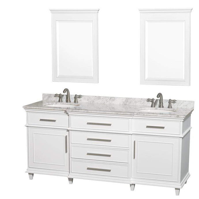 Wyndham Collection Vanity Wyndham Collection WCV171772DWHCMUNRM24 Berkeley 72 Inch Double Bathroom Vanity in White with White Carrara Marble Top with White Undermount Oval Sinks and 24 Inch Mirrors