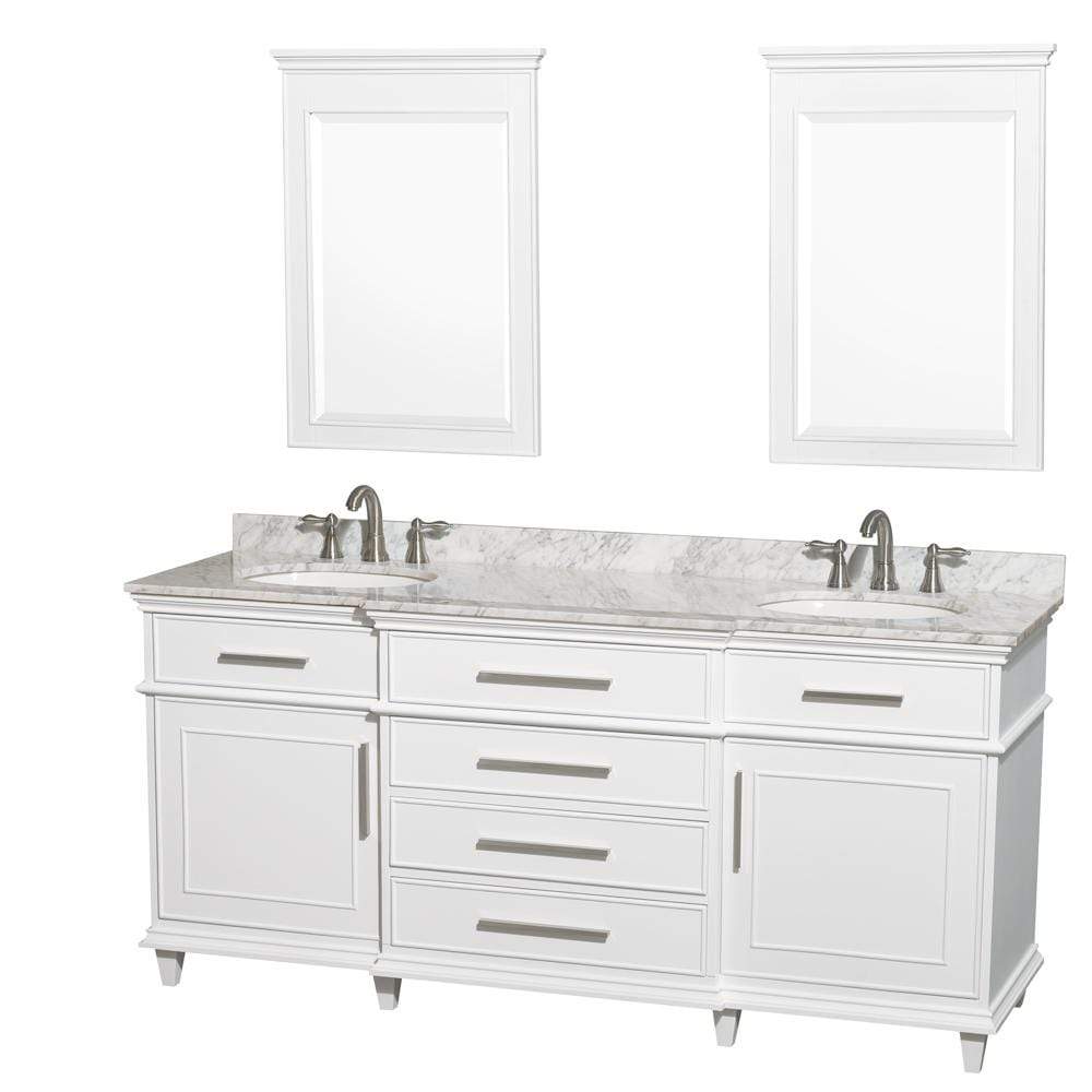 Wyndham Collection Vanity Wyndham Collection WCV171772DWHCMUNRM24 Berkeley 72 Inch Double Bathroom Vanity in White with White Carrara Marble Top with White Undermount Oval Sinks and 24 Inch Mirrors