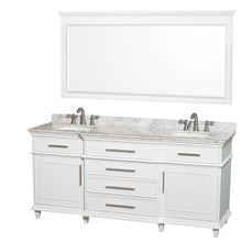 Load image into Gallery viewer, Wyndham Collection Vanity Wyndham Collection WCV171772DWHCMUNRM70 Berkeley 72 Inch Double Bathroom Vanity in White with White Carrara Marble Top with White Undermount Oval Sinks and 70 Inch Mirror