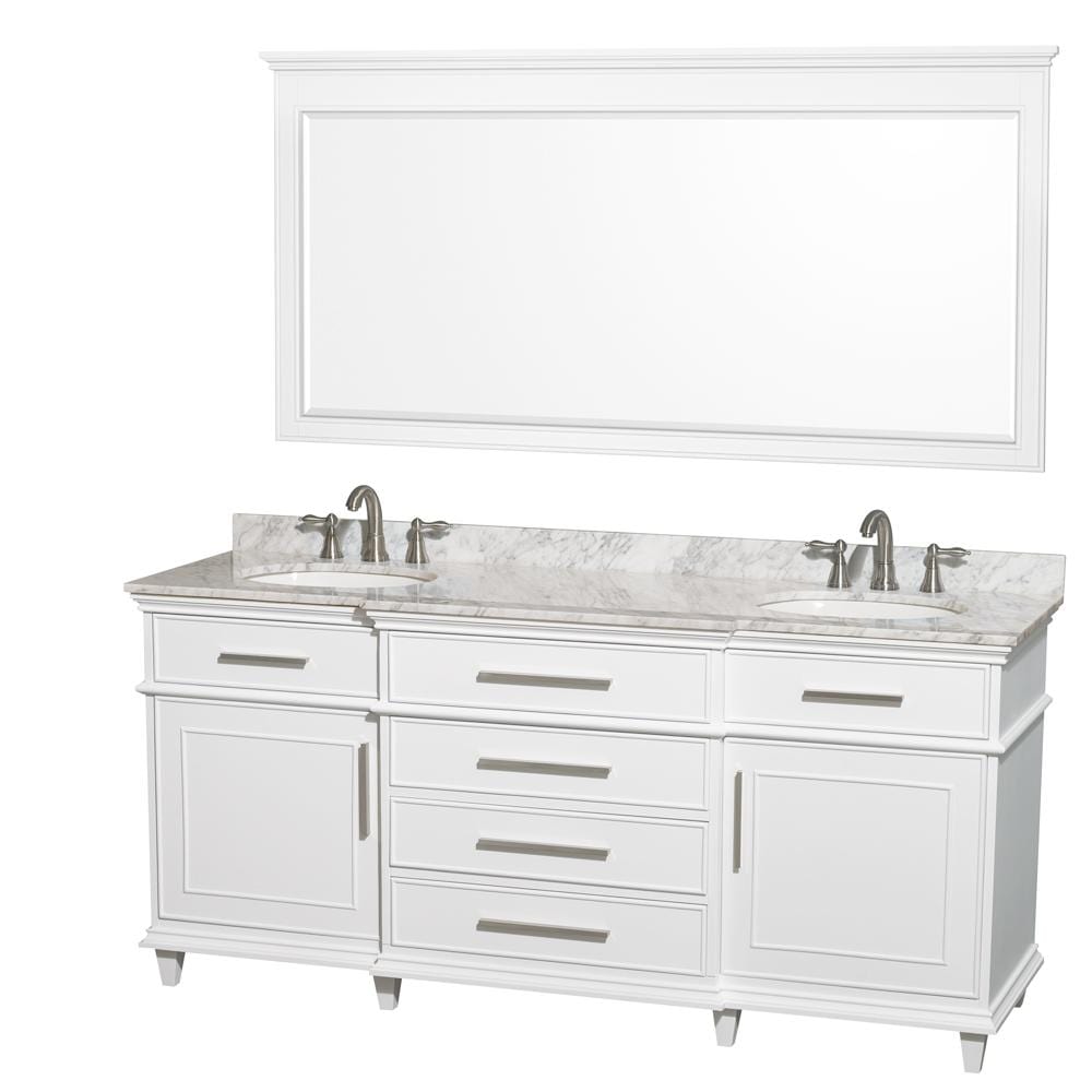 Wyndham Collection Vanity Wyndham Collection WCV171772DWHCMUNRM70 Berkeley 72 Inch Double Bathroom Vanity in White with White Carrara Marble Top with White Undermount Oval Sinks and 70 Inch Mirror