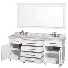 Load image into Gallery viewer, Wyndham Collection Vanity Wyndham Collection WCV171772DWHCMUNRM70 Berkeley 72 Inch Double Bathroom Vanity in White with White Carrara Marble Top with White Undermount Oval Sinks and 70 Inch Mirror