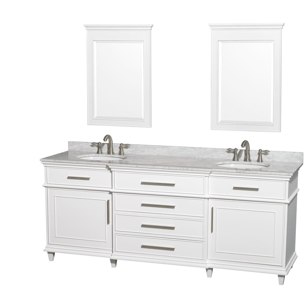 Wyndham Collection Vanity Wyndham Collection WCV171780DWHCMUNRM24 Berkeley 80 Inch Double Bathroom Vanity in White with White Carrara Marble Top with White Undermount Oval Sinks and 24 Inch Mirrors