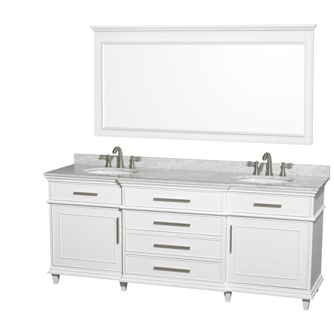 Wyndham Collection Vanity Wyndham Collection WCV171780DWHCMUNRM70 Berkeley 80 Inch Double Bathroom Vanity in White with White Carrara Marble Top with White Undermount Oval Sinks and 70 Inch Mirror