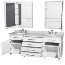 Load image into Gallery viewer, Wyndham Collection Vanity Wyndham Collection WCV171780DWHCMUNRMED Berkeley 80 Inch Double Bathroom Vanity in White, White Carrara Marble Countertop, Undermount Round Sinks, 24 Inch Medicine Cabinets