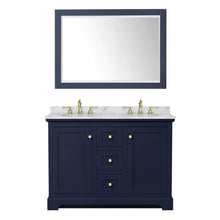 Load image into Gallery viewer, Wyndham Collection Vanity Wyndham Collection WCV232348DBLCMUNOM46 Avery 48 Inch Double Bathroom Vanity in Dark Blue, White Carrara Marble Countertop, Undermount Oval Sinks, 46 Inch Mirror