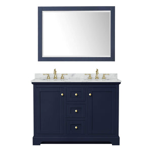 Wyndham Collection Vanity Wyndham Collection WCV232348DBLCMUNOM46 Avery 48 Inch Double Bathroom Vanity in Dark Blue, White Carrara Marble Countertop, Undermount Oval Sinks, 46 Inch Mirror