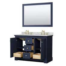 Load image into Gallery viewer, Wyndham Collection Vanity Wyndham Collection WCV232348DBLCMUNOM46 Avery 48 Inch Double Bathroom Vanity in Dark Blue, White Carrara Marble Countertop, Undermount Oval Sinks, 46 Inch Mirror