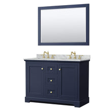 Load image into Gallery viewer, Wyndham Collection Vanity Wyndham Collection WCV232348DBLCMUNOM46 Avery 48 Inch Double Bathroom Vanity in Dark Blue, White Carrara Marble Countertop, Undermount Oval Sinks, 46 Inch Mirror