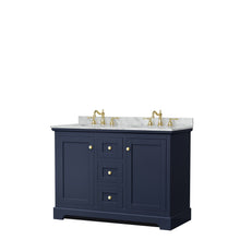 Load image into Gallery viewer, Wyndham Collection Vanity Wyndham Collection WCV232348DBLCMUNOMXX Avery 48 Inch Double Bathroom Vanity in Dark Blue, White Carrara Marble Countertop, Undermount Oval Sinks, No Mirror