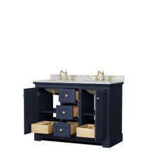 Load image into Gallery viewer, Wyndham Collection Vanity Wyndham Collection WCV232348DBLCMUNOMXX Avery 48 Inch Double Bathroom Vanity in Dark Blue, White Carrara Marble Countertop, Undermount Oval Sinks, No Mirror