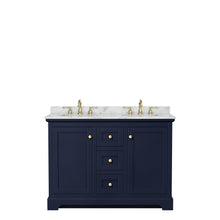 Load image into Gallery viewer, Wyndham Collection Vanity Wyndham Collection WCV232348DBLCMUNOMXX Avery 48 Inch Double Bathroom Vanity in Dark Blue, White Carrara Marble Countertop, Undermount Oval Sinks, No Mirror