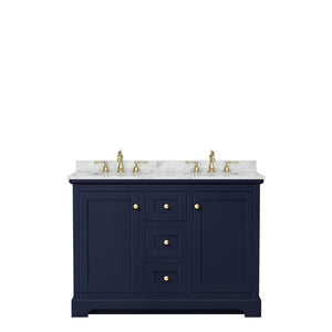 Wyndham Collection Vanity Wyndham Collection WCV232348DBLCMUNOMXX Avery 48 Inch Double Bathroom Vanity in Dark Blue, White Carrara Marble Countertop, Undermount Oval Sinks, No Mirror