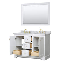 Load image into Gallery viewer, Wyndham Collection Vanity Wyndham Collection WCV232348DWGCMUNOM46 Avery 48 Inch Double Bathroom Vanity in White, White Carrara Marble Countertop, Undermount Oval Sinks, 46 Inch Mirror, Brushed Gold Trim