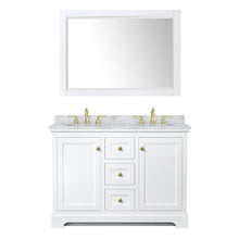 Load image into Gallery viewer, Wyndham Collection Vanity Wyndham Collection WCV232348DWGCMUNOM46 Avery 48 Inch Double Bathroom Vanity in White, White Carrara Marble Countertop, Undermount Oval Sinks, 46 Inch Mirror, Brushed Gold Trim