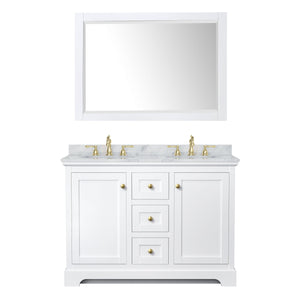 Wyndham Collection Vanity Wyndham Collection WCV232348DWGCMUNOM46 Avery 48 Inch Double Bathroom Vanity in White, White Carrara Marble Countertop, Undermount Oval Sinks, 46 Inch Mirror, Brushed Gold Trim