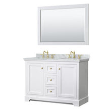 Load image into Gallery viewer, Wyndham Collection Vanity Wyndham Collection WCV232348DWGCMUNOM46 Avery 48 Inch Double Bathroom Vanity in White, White Carrara Marble Countertop, Undermount Oval Sinks, 46 Inch Mirror, Brushed Gold Trim