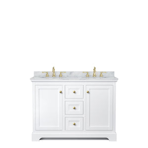 Wyndham Collection Vanity Wyndham Collection WCV232348DWGCMUNOMXX Avery 48 Inch Double Bathroom Vanity in White, White Carrara Marble Countertop, Undermount Oval Sinks, Brushed Gold Trim