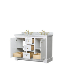 Load image into Gallery viewer, Wyndham Collection Vanity Wyndham Collection WCV232348DWGCMUNOMXX Avery 48 Inch Double Bathroom Vanity in White, White Carrara Marble Countertop, Undermount Oval Sinks, Brushed Gold Trim