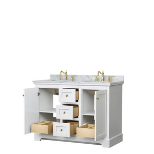 Wyndham Collection Vanity Wyndham Collection WCV232348DWGCMUNOMXX Avery 48 Inch Double Bathroom Vanity in White, White Carrara Marble Countertop, Undermount Oval Sinks, Brushed Gold Trim