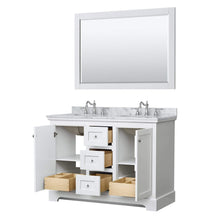 Load image into Gallery viewer, Wyndham Collection Vanity Wyndham Collection WCV232348DWHCMUNOM46 Avery 48 Inch Double Bathroom Vanity in White, White Carrara Marble Countertop, Undermount Oval Sinks, 46 Inch Mirror