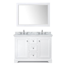 Load image into Gallery viewer, Wyndham Collection Vanity Wyndham Collection WCV232348DWHCMUNOM46 Avery 48 Inch Double Bathroom Vanity in White, White Carrara Marble Countertop, Undermount Oval Sinks, 46 Inch Mirror