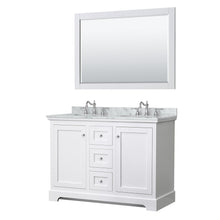 Load image into Gallery viewer, Wyndham Collection Vanity Wyndham Collection WCV232348DWHCMUNOM46 Avery 48 Inch Double Bathroom Vanity in White, White Carrara Marble Countertop, Undermount Oval Sinks, 46 Inch Mirror