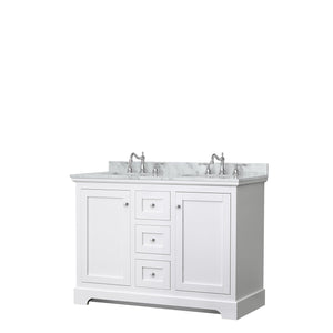 Wyndham Collection Vanity Wyndham Collection WCV232348DWHCMUNOMXX Avery 48 Inch Double Bathroom Vanity in White, White Carrara Marble Countertop, Undermount Oval Sinks, No Mirror