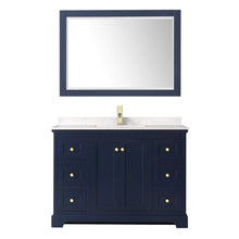 Load image into Gallery viewer, Wyndham Collection Vanity Wyndham Collection WCV232348SBLC2UNSM46 Avery 48 Inch Single Bathroom Vanity in Dark Blue, Light-Vein Carrara Cultured Marble Countertop, Undermount Square Sink, 46 Inch Mirror
