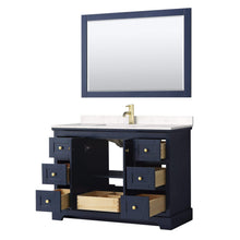 Load image into Gallery viewer, Wyndham Collection Vanity Wyndham Collection WCV232348SBLC2UNSM46 Avery 48 Inch Single Bathroom Vanity in Dark Blue, Light-Vein Carrara Cultured Marble Countertop, Undermount Square Sink, 46 Inch Mirror