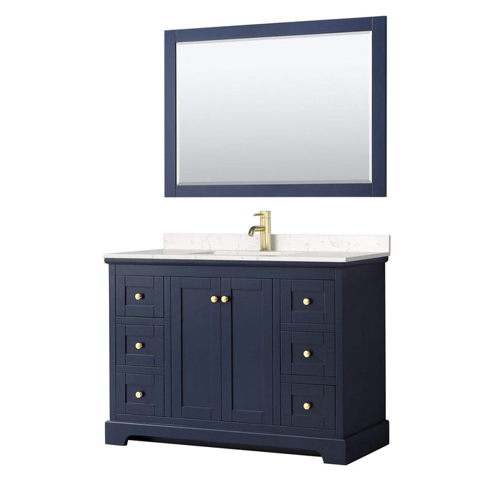 Wyndham Collection Vanity Wyndham Collection WCV232348SBLC2UNSM46 Avery 48 Inch Single Bathroom Vanity in Dark Blue, Light-Vein Carrara Cultured Marble Countertop, Undermount Square Sink, 46 Inch Mirror