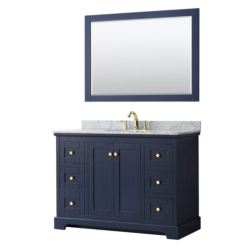Wyndham Collection Vanity Wyndham Collection WCV232348SBLCMUNOM46 Avery 48 Inch Single Bathroom Vanity in Dark Blue, White Carrara Marble Countertop, Undermount Oval Sink, and 46 Inch Mirror